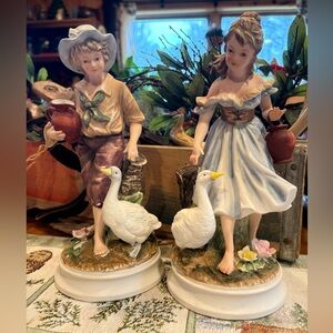Andrea By Sadek porcelain figurines depicting a boy and girl with geese Vintage